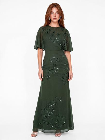 Maya Deluxe Floral Embellished Angel Sleeve Maxi Dress, Forest, Forest