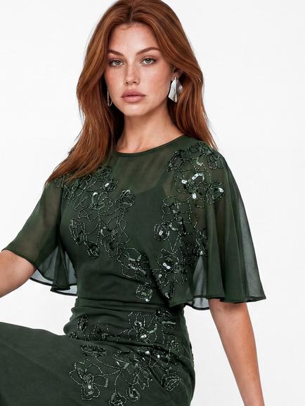 Maya Deluxe Floral Embellished Angel Sleeve Maxi Dress, Forest - view 2, Forest