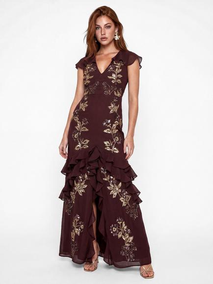 Maya Deluxe Cape Sleeve Embellished Maxi Dress, Espresso, Espresso
