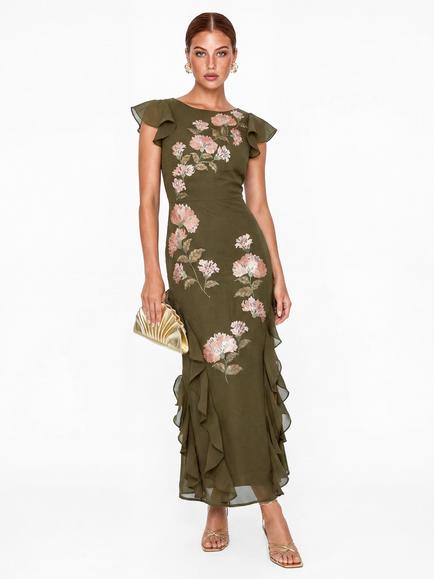 Maya Deluxe Floral Embroidery V-Back Ruffle Dress, Deep Olive/Multi, Deep Olive/Multi