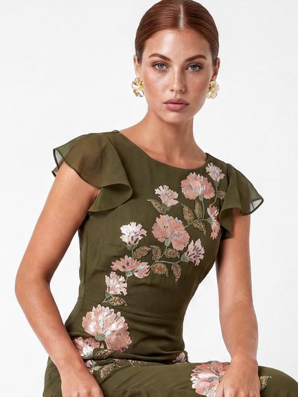 Maya Deluxe Floral Embroidery V-Back Ruffle Dress, Deep Olive/Multi - view 2, Deep Olive/Multi