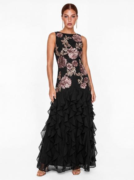 Maya Deluxe High Neck Floral Embellished Waterfall Maxi Dress, Black/Multi, Black/Multi