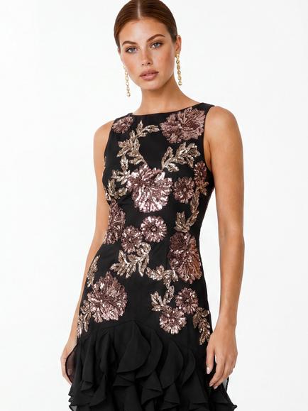 Maya Deluxe High Neck Floral Embellished Waterfall Maxi Dress, Black/Multi - view 2, Black/Multi