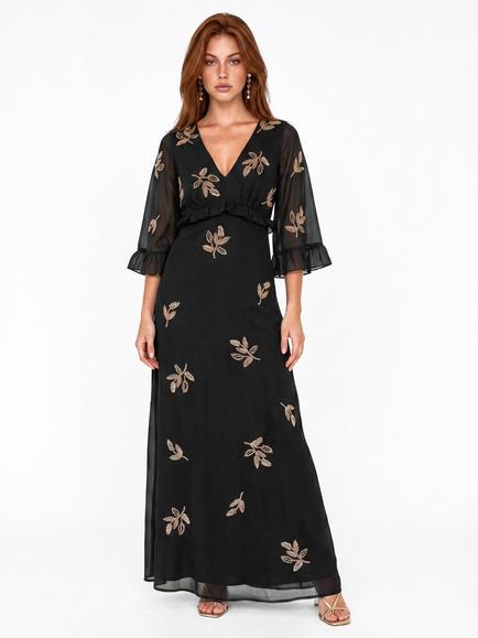 Maya Deluxe Leaf Embellished Bell Sleeve Maxi Dress, Black