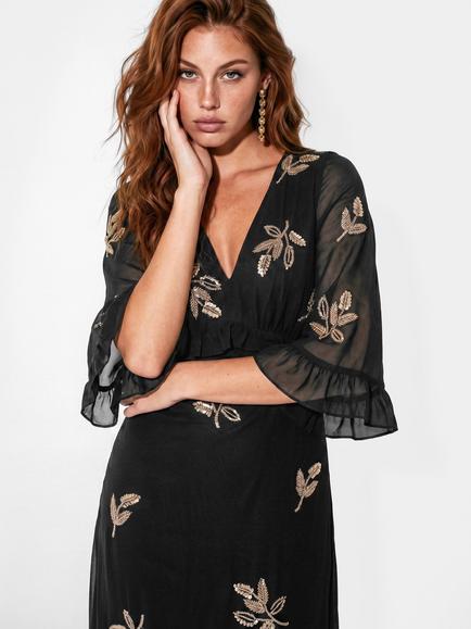Maya Deluxe Leaf Embellished Bell Sleeve Maxi Dress - view 2, Black