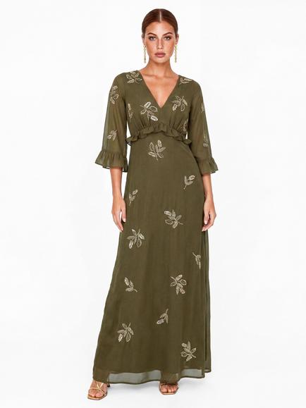 Maya Deluxe Leaf Embellished Bell Sleeve Maxi Dress, Deep Olive