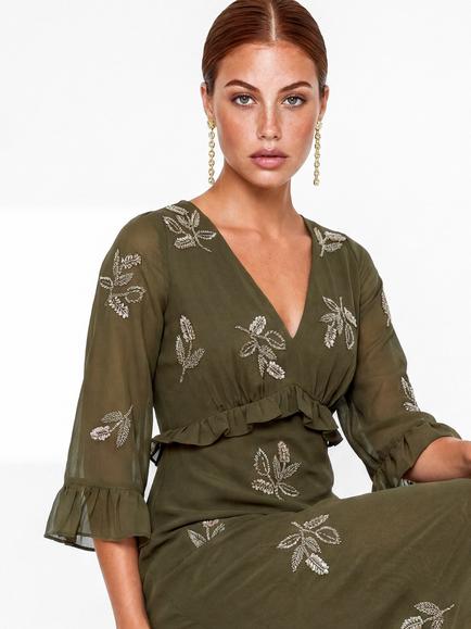 Maya Deluxe Leaf Embellished Bell Sleeve Maxi Dress - view 2, Deep Olive
