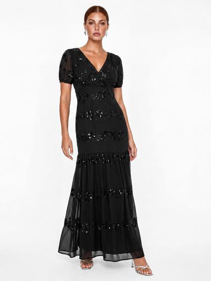 Maya Deluxe Embellished Short Sleeve Maxi Dress, Black