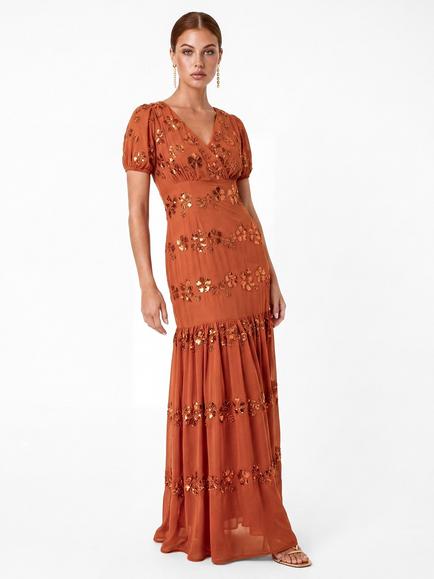 Maya Deluxe Embellished Short Sleeve Maxi Dress, Burnt Orange