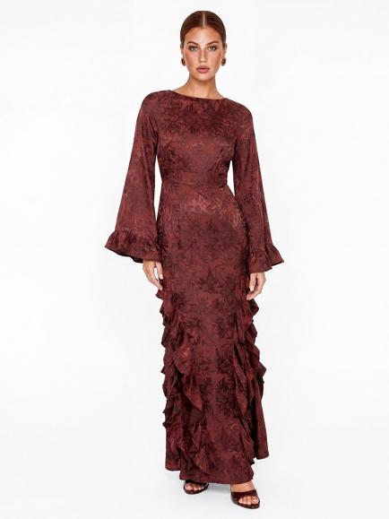 Maya Deluxe Floral Jacquard Waterfall Ruffle Satin Maxi Dress, Deep Red, Deep Red