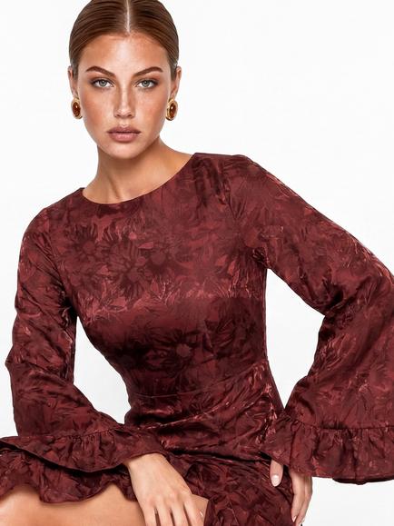 Maya Deluxe Floral Jacquard Waterfall Ruffle Satin Maxi Dress, Deep Red - view 2, Deep Red