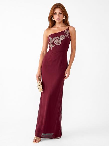 Maya Deluxe Embellished Strappy One Shoulder Maxi Dress, Ruby