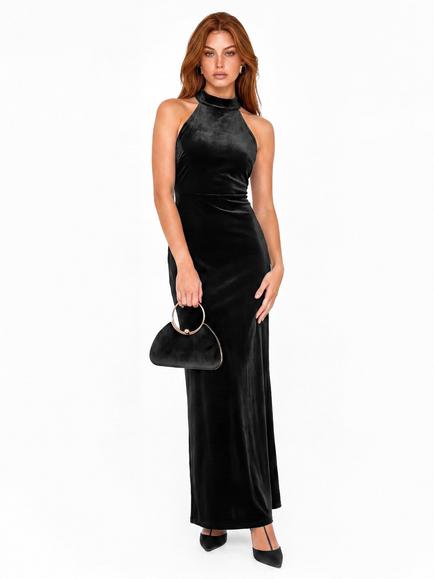 Maya Deluxe Halter Neck Velvet Maxi Dress, Black, Black