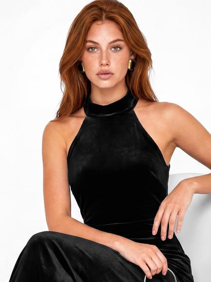 Maya Deluxe Halter Neck Velvet Maxi Dress, Black - view 2, Black