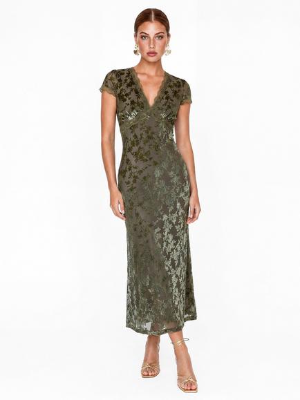 Maya Deluxe Floral Velvet Devore V Neck Dress, Olive, Olive