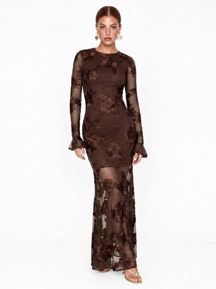 Maya Deluxe 3D Floral Applique Long Sleeve Mesh Maxi Dress, Chocolate, Chocolate