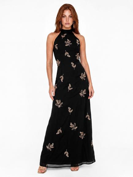Maya Deluxe Embellished Halter Neck Open Back Maxi Dress, Black