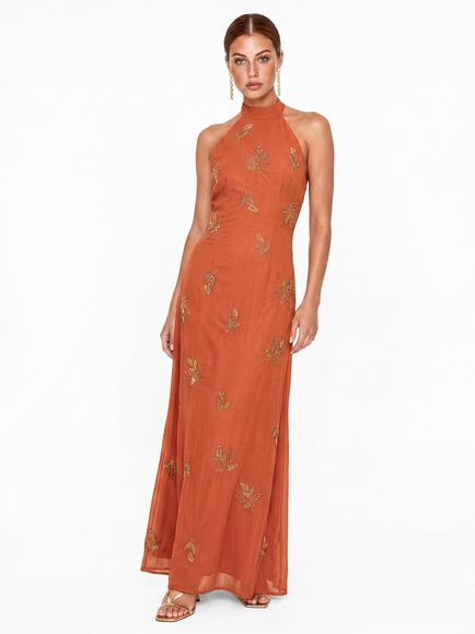 Maya Deluxe Embellished Halter Neck Open Back Maxi Dress, Burnt Orange