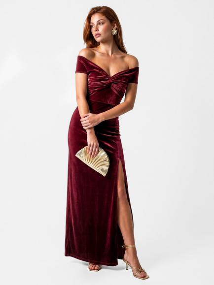 Maya Deluxe Twist Front Bardot Velvet Maxi Dress, Cranberry