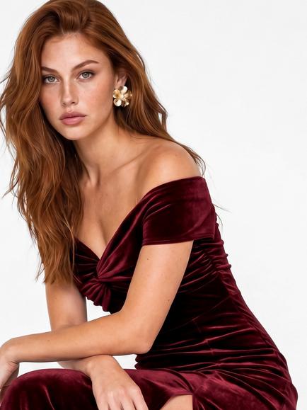 Maya Deluxe Twist Front Bardot Velvet Maxi Dress - view 2, Cranberry