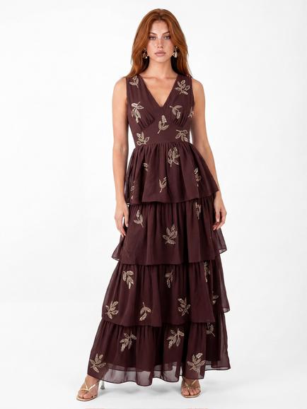 Maya Deluxe Leaf Embellished Sleeveless Tiered Maxi Dress, Espresso, Espresso