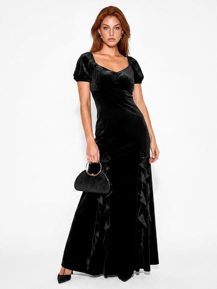 Maya Deluxe Short Sleeve Scoop Neck Ruffle Velvet Maxi Dress, Black, Black