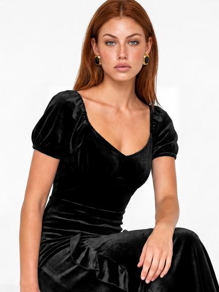 Maya Deluxe Short Sleeve Scoop Neck Ruffle Velvet Maxi Dress, Black - view 2, Black