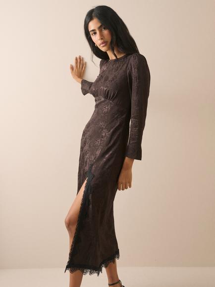Nobody's Child Jamie Jacquard Midi Dress, Brown - view 2, Brown