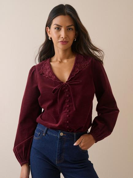 Nobody's Child Isla Tie Neck Cotton Corduroy Blouse, Red, Red