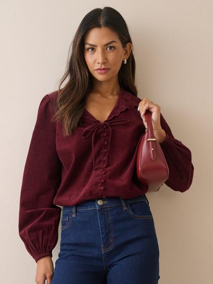 Nobody's Child Isla Tie Neck Cotton Corduroy Blouse, Red - view 2, Red