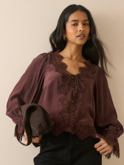 Nobody's Child Wilde Tie Detail Lace Trim Satin Blouse, Brown - view 2, Brown