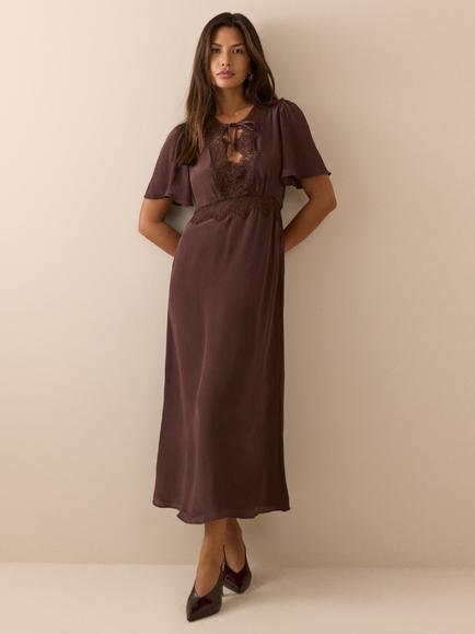 Nobody's Child Wynne Tie Detail Lace Trim Midi Dress, Brown - view 2, Brown