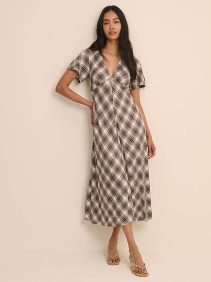 Nobody's Child Rowena Check Short Sleeve V-Neck Midi Dress, Multi, Multi