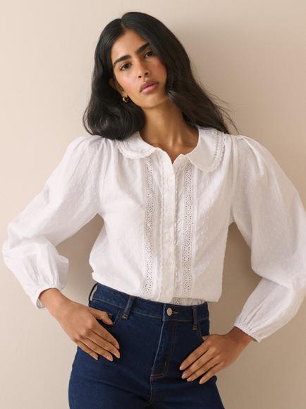 Nobody's Child Thimbolina Peter Pan Collar Dobby Cotton Blouse, White, White