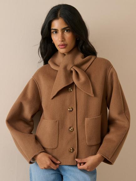 Nobody's Child Tie Neck Wool Blend Jacket, Beige, Beige