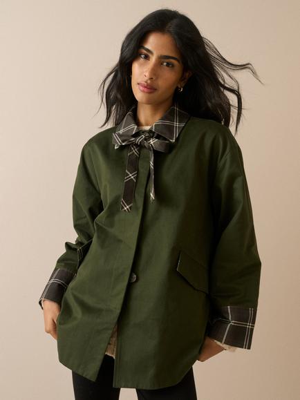 Nobody's Child Neck Tie Tartan Trim Coat, Khaki, Khaki