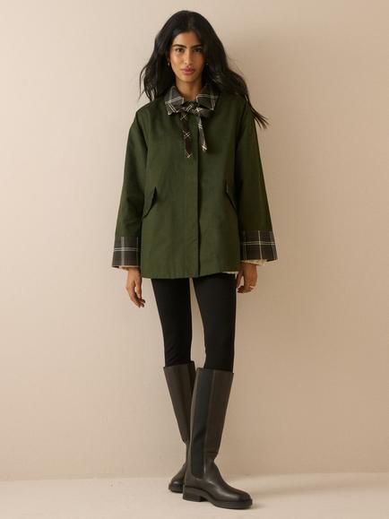 Nobody's Child Neck Tie Tartan Trim Coat, Khaki - view 2, Khaki