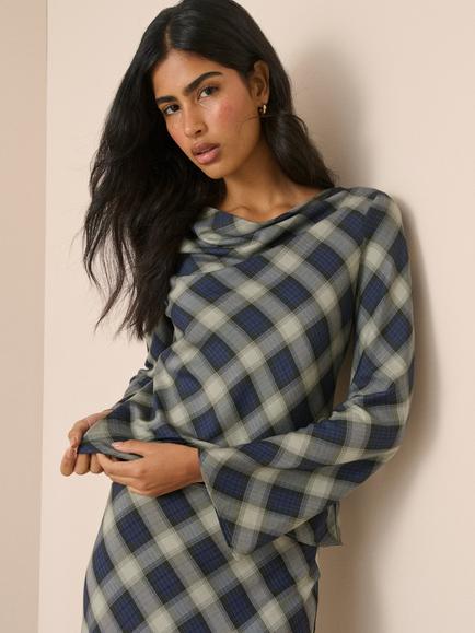 Nobody's Child Cruz Cowl Neck Check Top, Navy/Grey - view 2, Navy/Grey