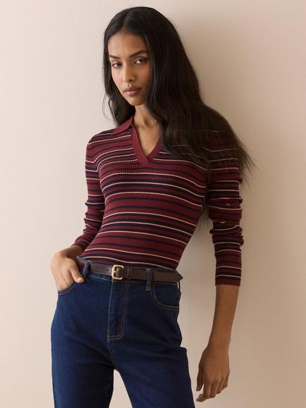 Nobody's Child Striped Ribb Knit Open Collar Top, Red/Navy/Yellow, Red/Navy/Yellow