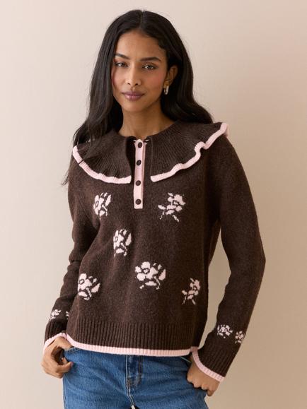 Nobody's Child Floral Knit Ribbed Collar Jumper, Brown/Pink, Brown/Pink