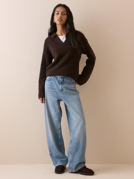Nobody's Child Open Polo Collar Jumper - view 2, Brown