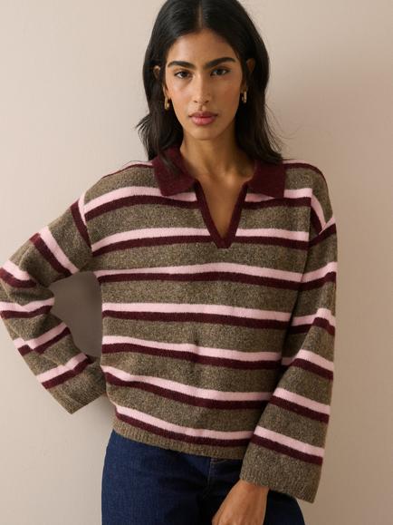 Nobody's Child Striped Open Polo Collar Jumper, Brown/Pink/Burgundy, Brown/Pink/Burgundy