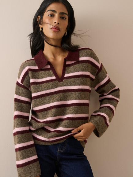 Nobody's Child Striped Open Polo Collar Jumper, Brown/Pink/Burgundy - view 2, Brown/Pink/Burgundy