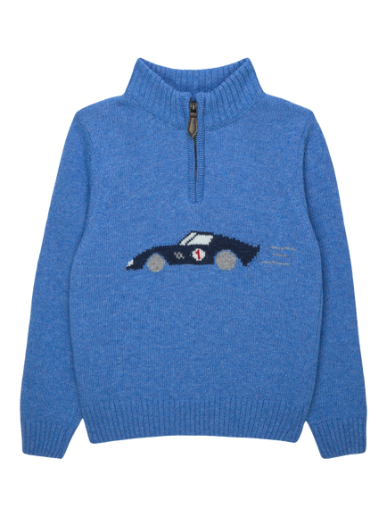 Trotters Kids' Sebastian Wool Mix Car Half Zip Jumper, Blue, Blue