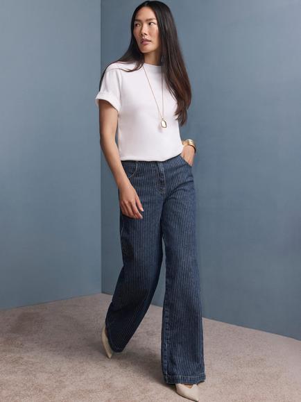 Mint Velvet Pinstripe Wide Leg Jeans, Blue, Blue
