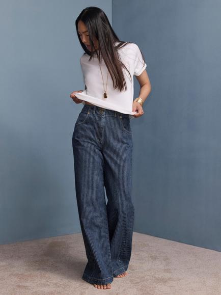 Mint Velvet Pinstripe Wide Leg Jeans, Blue - view 2, Blue