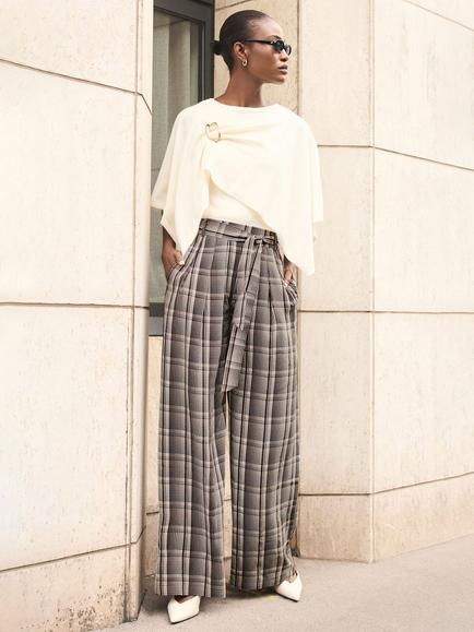 Mint Velvet Check Belted Wide Leg Trousers, Brown, Brown
