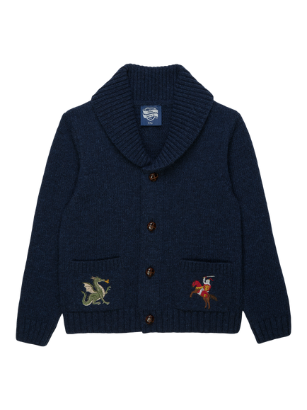 Trotters Kids' Wool Blend Knight & Dragon Shawl Collar Cardigan, Navy, Navy