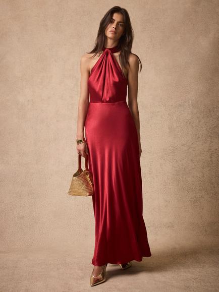 Mint Velvet Halter Neck Midi Dress, Red, Red Multi Red
