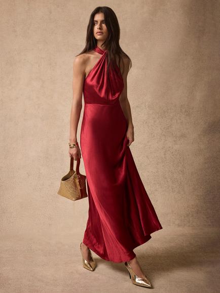 Mint Velvet Halter Neck Midi Dress, Red - view 2, Red Multi Red